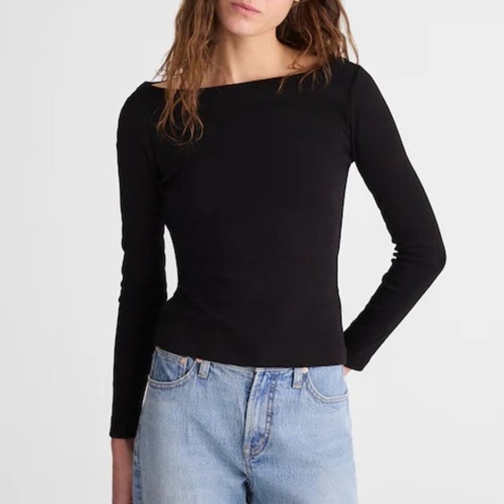 Madewell The 90s Boatneck Tee Compact Cotton Jet Black Size Medium NWT